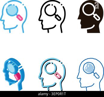 Magnifier Glass In Man Silhouette Mind Vector Icon Thin Line. Gear diversity And Brain, Heart And Shield, Padlock And Coin Stock Vector