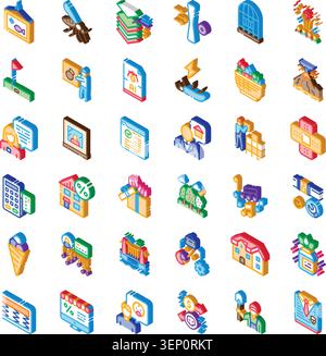 Isometric icons illustrating a broad range of abstract and concrete concepts, including business, technology, finance, health, lifestyle, nature, and Stock Vector