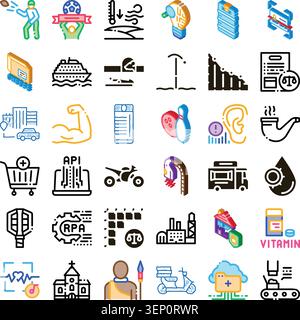 Diverse set of isometric and outlined icons representing various concepts including sport, industry, healthcare, travel, food delivery, logistics, tec Stock Vector