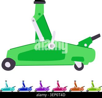 Green floor jack flat showing hydraulic lifting equipment for vehicle maintenance and tire changing on a white background, modern garage tool vector i Stock Vector