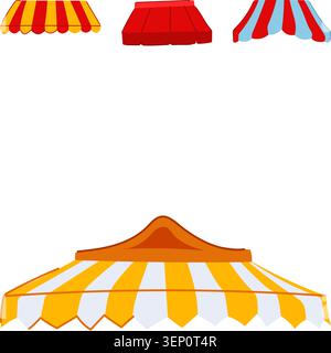 Collection of colorful striped and solid awnings and canopies in red, yellow, blue and white, offering shade and decorative storefront appeal for outd Stock Vector