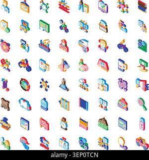 Isometric icons representing a diverse range of business, communication, and technology concepts, illustrating various services, industries, and digit Stock Vector
