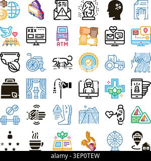 Diverse set of line art and stylized graphic icons showing various concepts from global operations to personal well being, finance, health, and commun Stock Vector