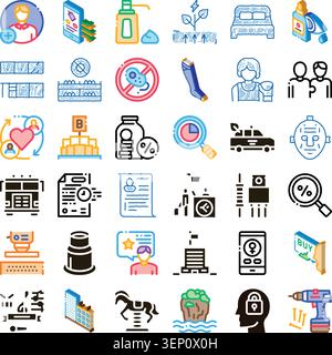 Variety of flat line icons representing concepts like user profiles, mobile commerce, payments, medical care, business processes, data analysis and se Stock Vector