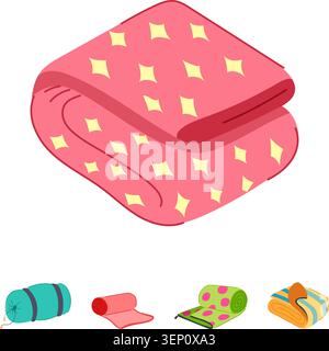 Colorful illustrated blankets in assorted folds and rolls, showing patterns like stripes, polka dots, and starsideal for camping, picnics, travel, or Stock Vector