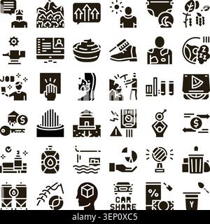 Set of dark monochrome icons illustrating a broad range of themes from business communication and nature ecology to industrial work, social lifestyle, Stock Vector