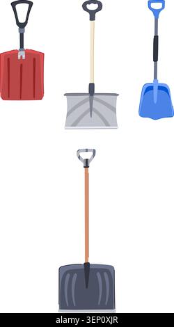 Multiple snow shovels presenting various designs and colors illustrate tools used for clearing snow from driveways, sidewalks, and property during win Stock Vector
