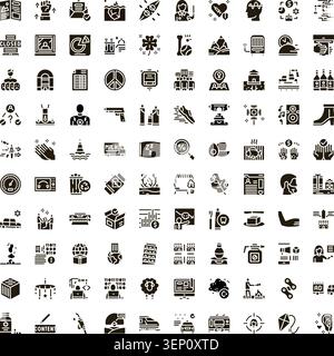 Large black and white icon set of diverse pictograms and glyphs representing everyday objects, activities, concepts and modern appinterface elements i Stock Vector