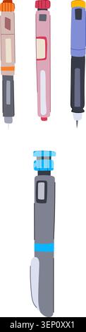 Medical technology presenting various automatic injection pens for subcutaneous administration of medication, aiding in proactive health management an Stock Vector