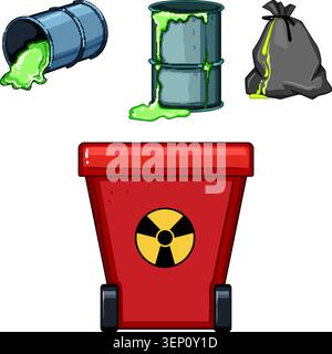 Items representing chemical and radioactive waste with green toxic liquid spilling from containers, emphasizing environmental pollution and the concep Stock Vector