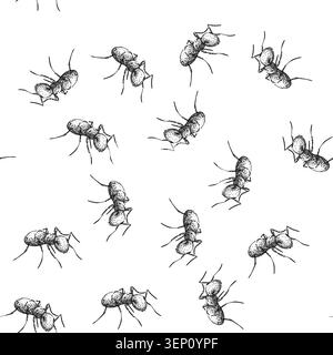 seamless pattern worker ant hand drawn. soldier nest, foraging insect, antennae mandibles worker ant black sketch illustration Stock Vector