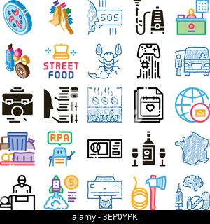 Collection of mixed vector icons illustrating various concepts including business, technology, healthcare, travel, food, gaming, and everyday life act Stock Vector