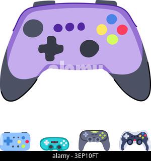 Collection of different colorful video game controllers with a large purple gamepad taking prominence, symbolizing modern technology, entertainment, a Stock Vector
