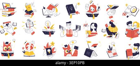 Book education people. People read books or ebook online school library or college, distance learn home study business literature university course, set classy vector illustration original artwork Stock Vector