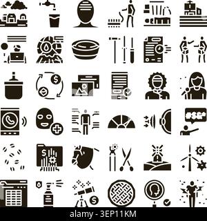 Set of black glyph icons illustrating aspects of business, technology, agriculture, logistics, finance, health, and a wide range of human activities a Stock Vector