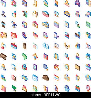 Various colorful isometric icons depicting professional business, technology, finance, travel, and healthcare services representing a broad range of m Stock Vector