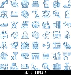 Collection of various simple blue hand drawn line icons representing diverse industries, services, abstract ideas, and technological concepts on a cle Stock Vector
