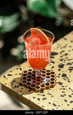 Close-up of a refreshing drink with grapefruit and rosemary in a glass ...
