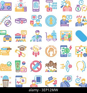 Line art icon set representing social issues, business, education, security, technology, medical, travel and other modern concepts for infographics an Stock Vector