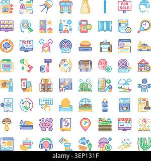 Collection of colorful outlined pixel perfect vector icons representing diverse concepts including business, technology, finance, health, environment, Stock Vector