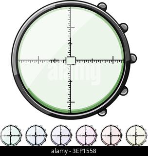 view scope sniper cartoon. shot weapon, cross rifle, military hair view scope sniper sign colorful illustration Stock Vector
