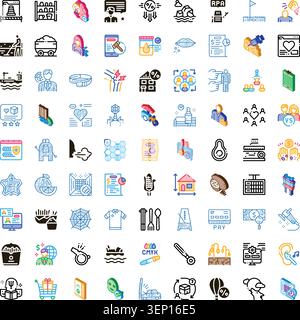 Large collection of varied icon symbols presenting a wide range of concepts across technology, business, food, health, and daily life on a white backg Stock Vector