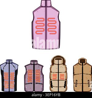 Different types of modern heated vest apparel with integrated electric heating elements providing warmth and comfort, ideal for cold weather or outdoo Stock Vector