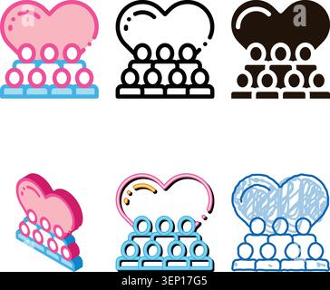 variety Volunteers Support Love Vector Thin Line Icon. Volunteers Support, Charitable Organizations Linear Pictogram. Heart On Building, People Silhou Stock Vector
