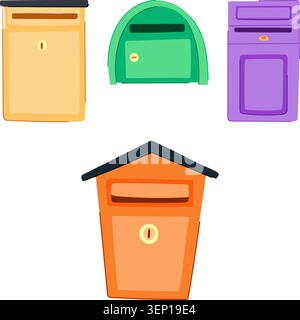 Colorful collection of mailboxes in varied shapes and sizes representing postal delivery, communication, sending and receiving mail, parcels, letters, Stock Vector