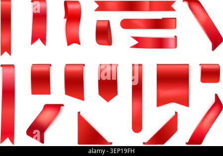 Realistic red ribbon tags. 3d bookmark tag, silk flag ribbons sale promotion price label design advertising new offer discount badge corner sticker frame exact vector illustration original artwork Stock Vector