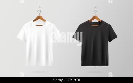 T-shirt hanger. Realistic t shirt mockup, men women white black blank apparel front back design clothing store cotton modern casual template 3d isolated exact vector illustration original artwork Stock Vector