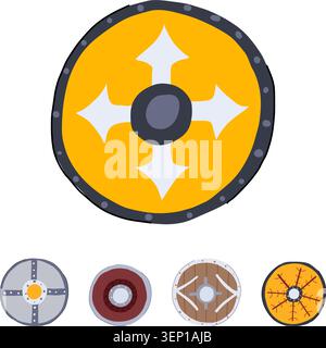 Viking historical shields collection depicting various round wooden designs, featuring battle ready craftsmanship, protection, and a strong sense of m Stock Vector