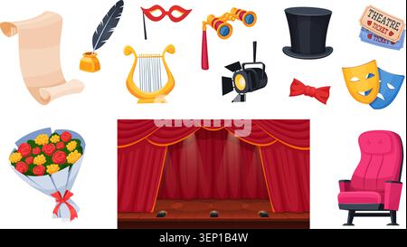 Drama theater elements. Theatre items, actor actress dramatic comedy mask theatrical performance stage tickets flowers musical opera glasses cartoon qualitative vector illustration original artwork Stock Vector