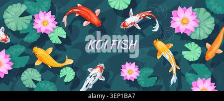 Koi fish pond. Swimming japanese carp in garden lake with lotus above lily top view, nishikigoi swim river pool water traditional asian lucky zen symbol neat vector illustration original artwork Stock Vector