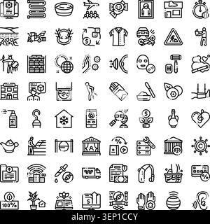 Variety of essential outline ui icons covering diverse concepts including finance, health, food, travel, technology, and various everyday objects, sui Stock Vector