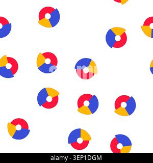 pattern circular pie chart with three colorful sections of red, blue, and yellow, representing segments of data distribution and market analysis in a Stock Vector