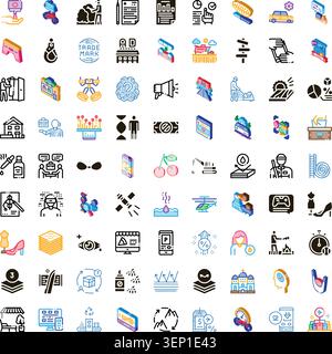Set of colorful isometric icons depicting various aspects of work, commerce, finance, technology, health, and leisure, covering a wide range of modern Stock Vector