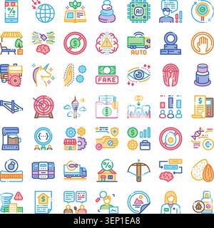 Grid of diverse line icons illustrating concepts related to artificial intelligence, business, finance, health, cybersecurity, and technological innov Stock Vector