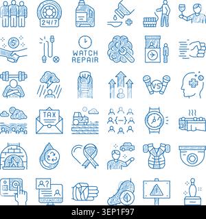 Collection of hand drawn scribble icons representing business, healthcare and everyday servicesteam support, finance, insurance, repair, travel, healt Stock Vector