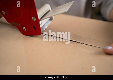 Close up of woman hands sealing cardboard box with tape dispenser. Female person packing parcel for moving into new house Stock Photo