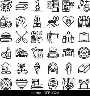 Collection of miscellaneous linear style icons representing various concepts, covering technology, business, lifestyle, and industry, perfect for info Stock Vector