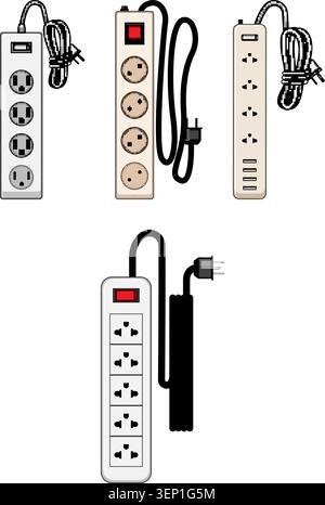 Various power strips and extension cords, including different plug types and usb ports, providing expanded electrical connectivity options for electro Stock Vector