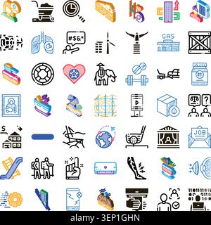 Conceptual graphic design featuring a comprehensive collection of various isometric 3d and simple line style icons, illustrating a wide range of busin Stock Vector