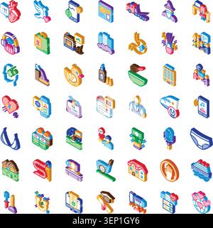 Large collection of diverse isometric icons illustrating concepts related to business, medicine, food, travel, work, communication, and technology for Stock Vector