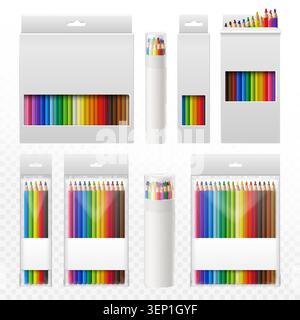 Colored pencils package. Color wooden pencil box, 3d realistic mockup pack school kids draw tool case write art paint education stationery set isolated garish vector illustration original artwork Stock Vector