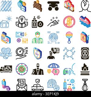 Set of minimalist isometric and line art icons representing a wide range of topics from health care, medicine, technology, psychology, and various typ Stock Vector