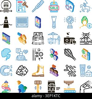 Large group of various icons featuring subjects like nature, sports, technology, health, commerce, and daily objects, presented in isometric and doodl Stock Vector