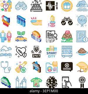 Variety of flat and isometric line icons representing diverse business concepts, medical subjects, technology, urban planning, and daily life elements Stock Vector