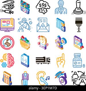 Diverse set of line and isometric icons representing various concepts including well being, finance, legal, science, technology, industry, and social Stock Vector