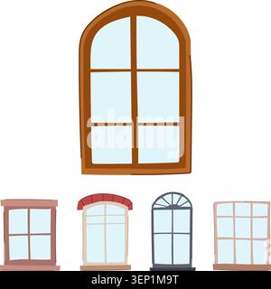 Various window frames, including an arched wooden frame and three smaller rectangular and arched styles, forming a versatile collection of architectur Stock Vector